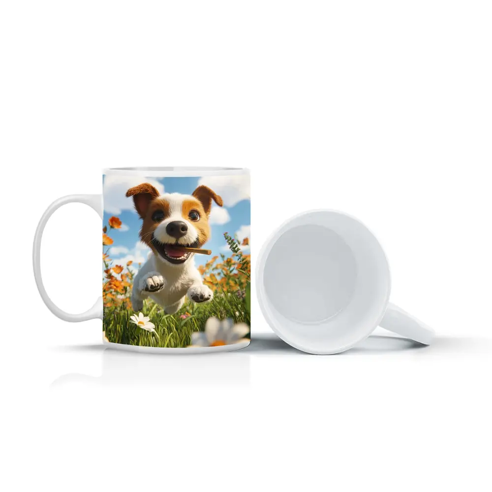 Cartoon Jack Russell Puppy Running Flower Field – Mugs