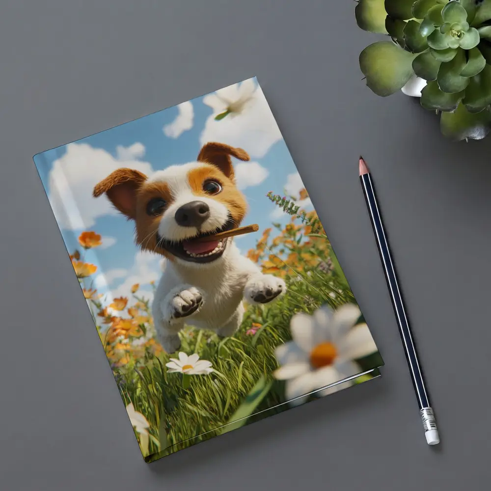Cartoon Jack Russell Puppy Running Flower Field – Notebooks