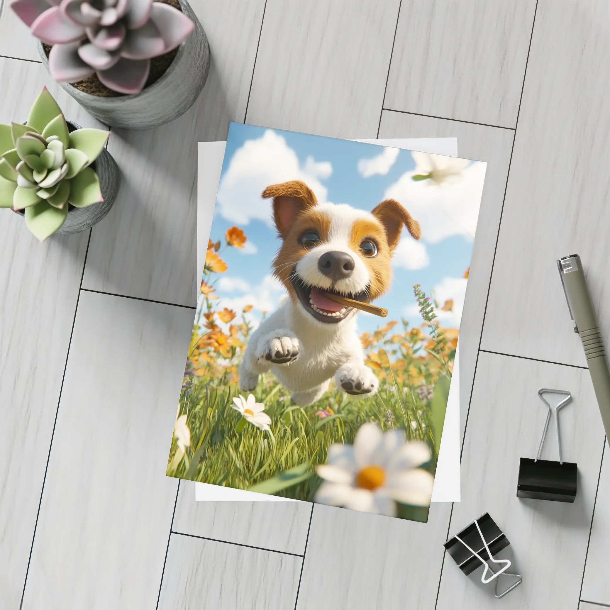 Cartoon Jack Russell Puppy Running Flower Field – Postcards