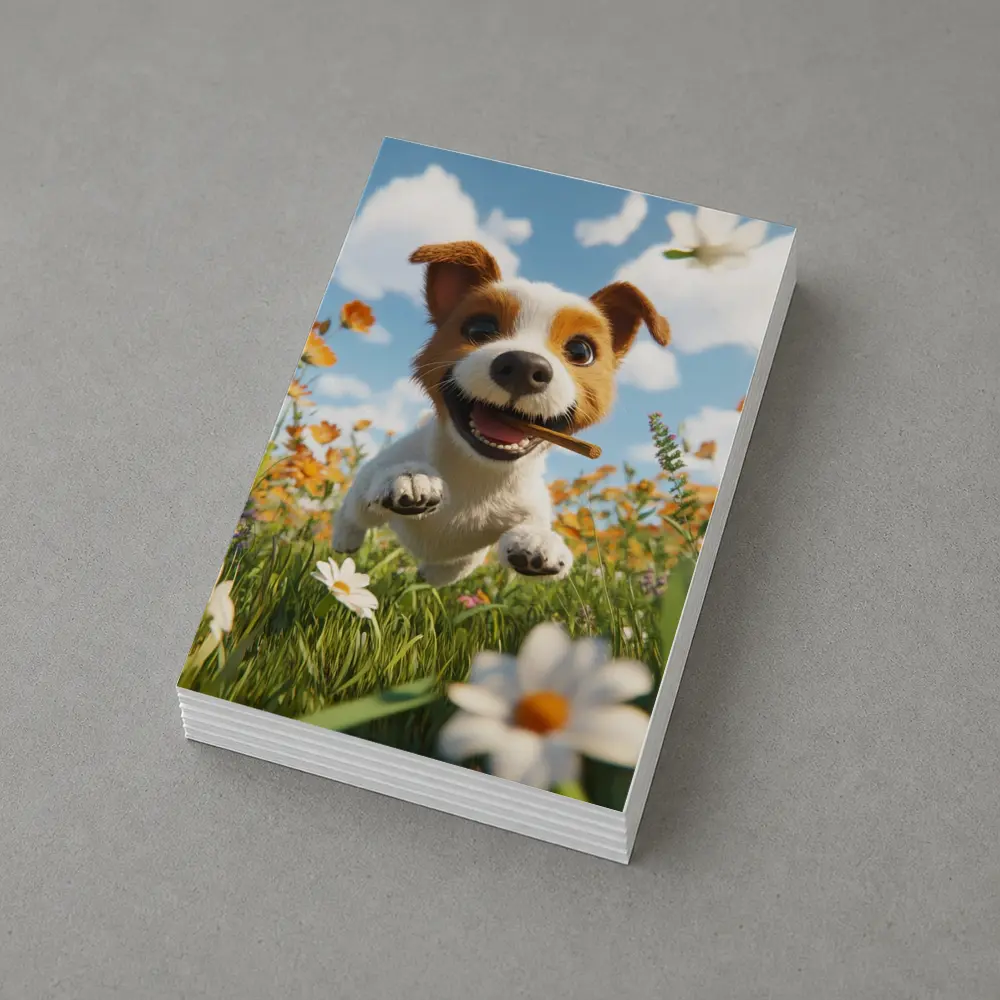 Cartoon Jack Russell Puppy Running Flower Field – Postcards