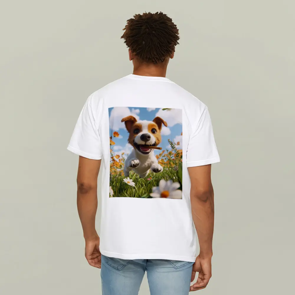 Cartoon Jack Russell Puppy Running Flower Field – T-Shirts