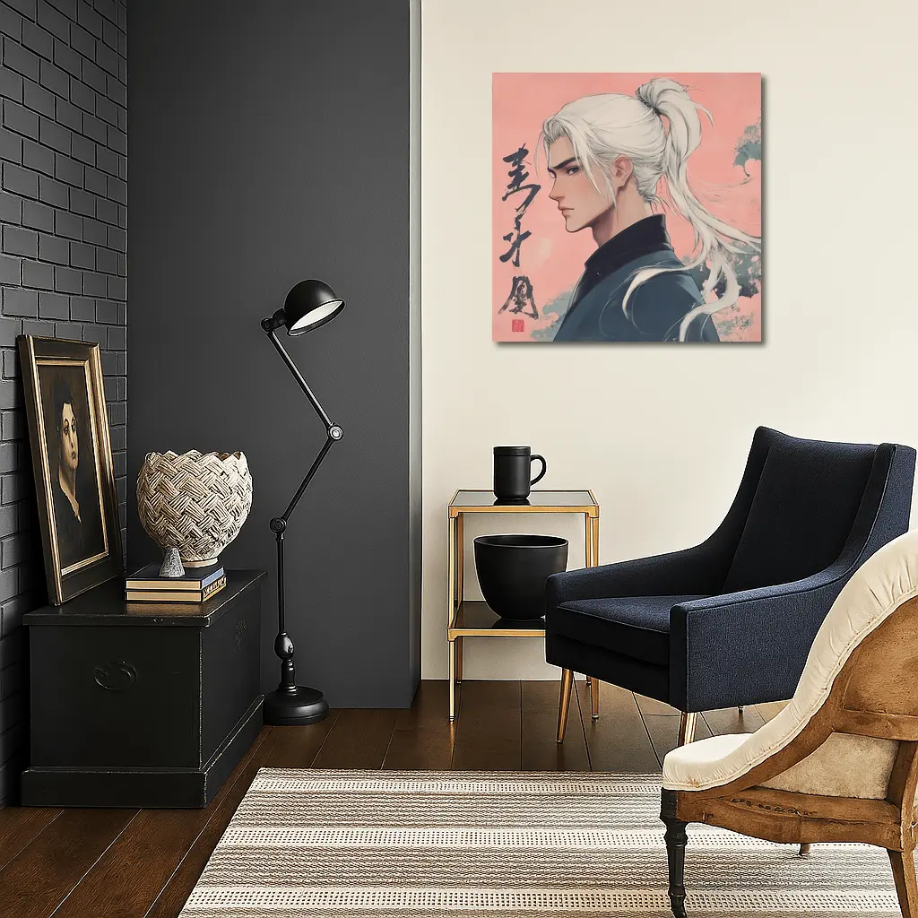 Anime Male White Hair Pink Background Art – Wall Art