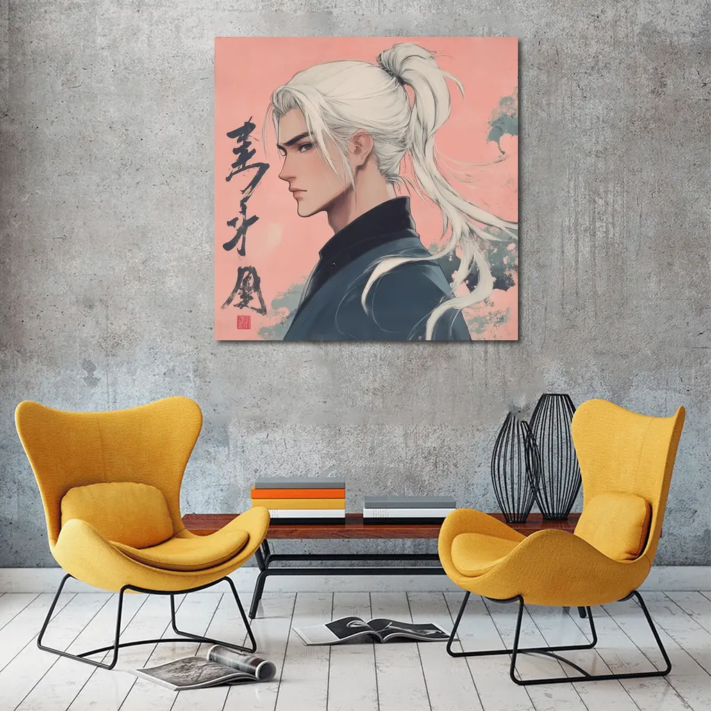 Anime Male White Hair Pink Background Art – Wall Art