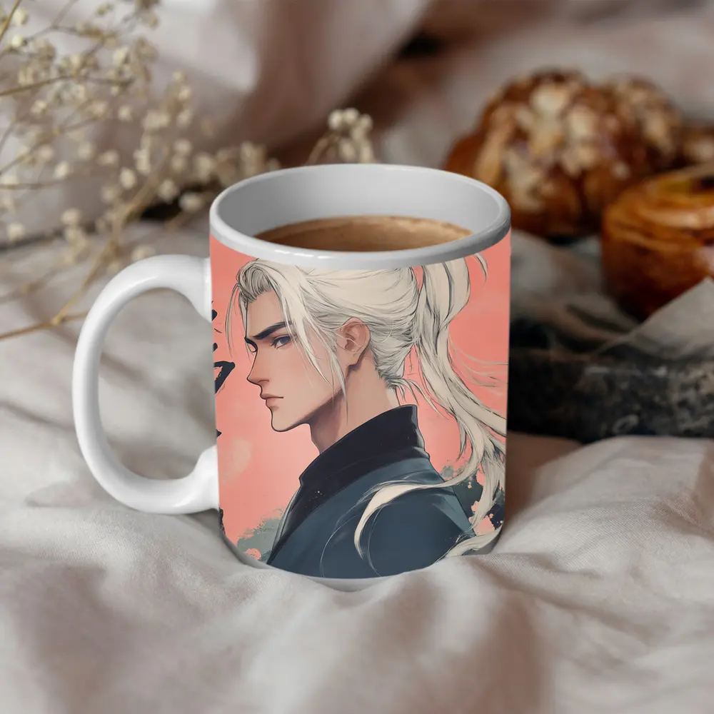 Anime Male White Hair Pink Background Art – Mugs