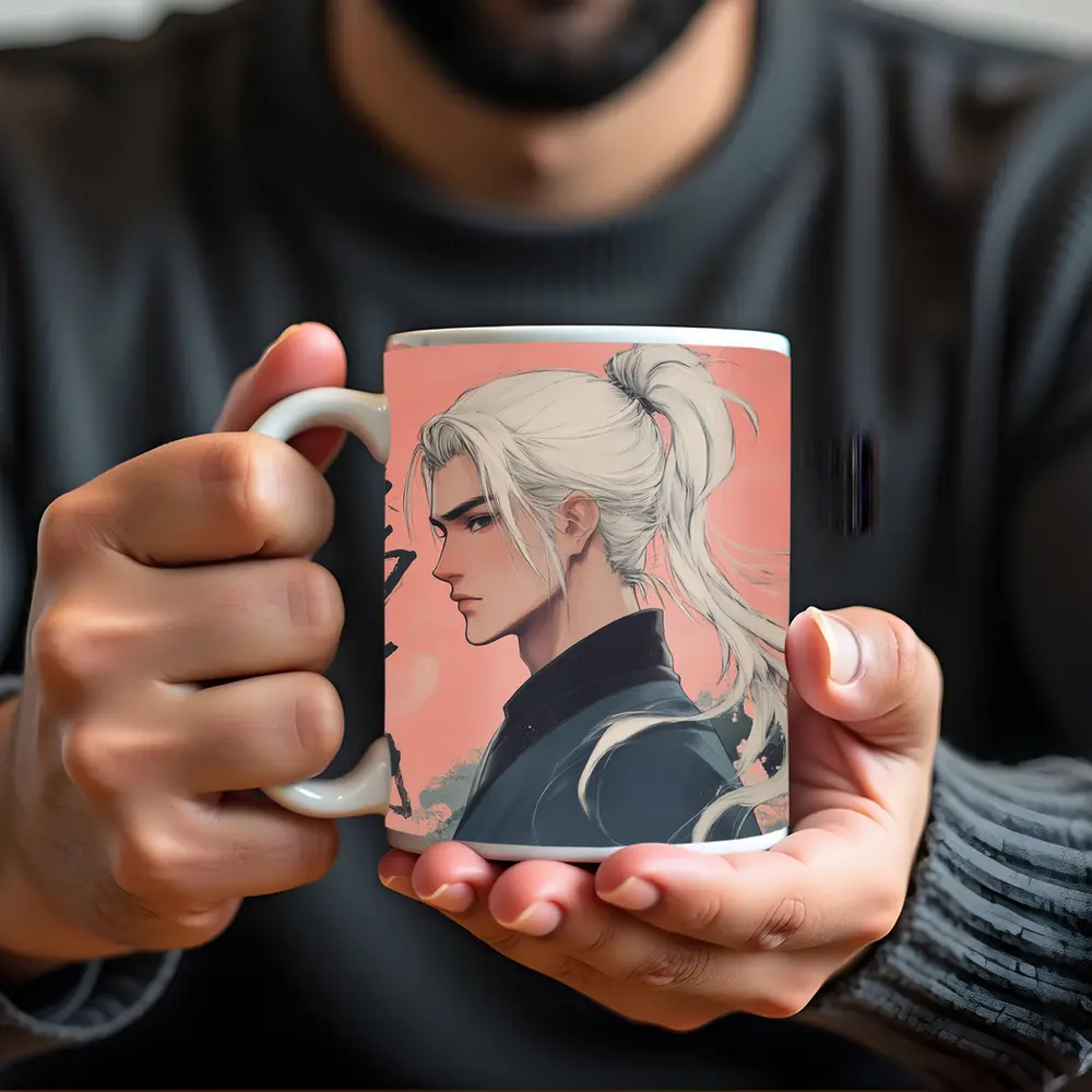 Anime Male White Hair Pink Background Art – Mugs
