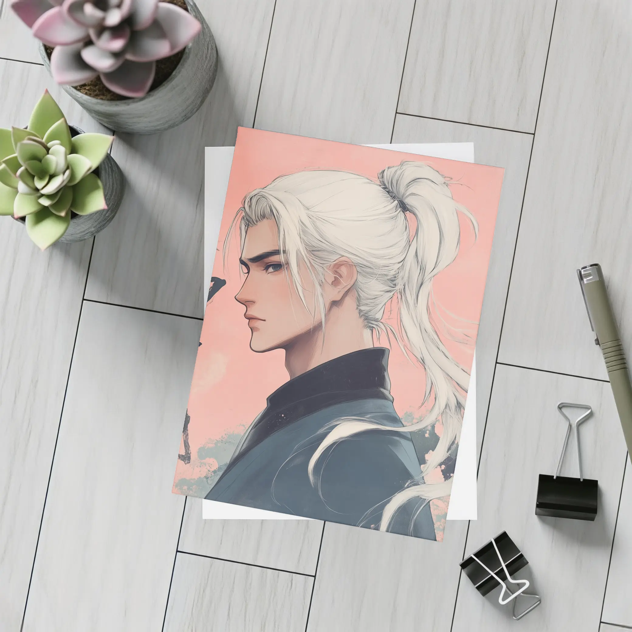 Anime Male White Hair Pink Background Art – Postcards