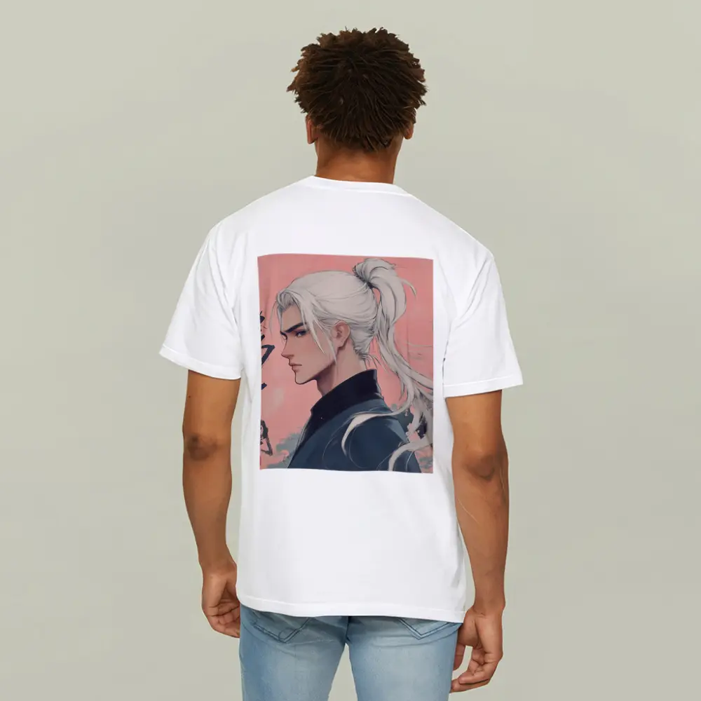Anime Male White Hair Pink Background Art – T-Shirts