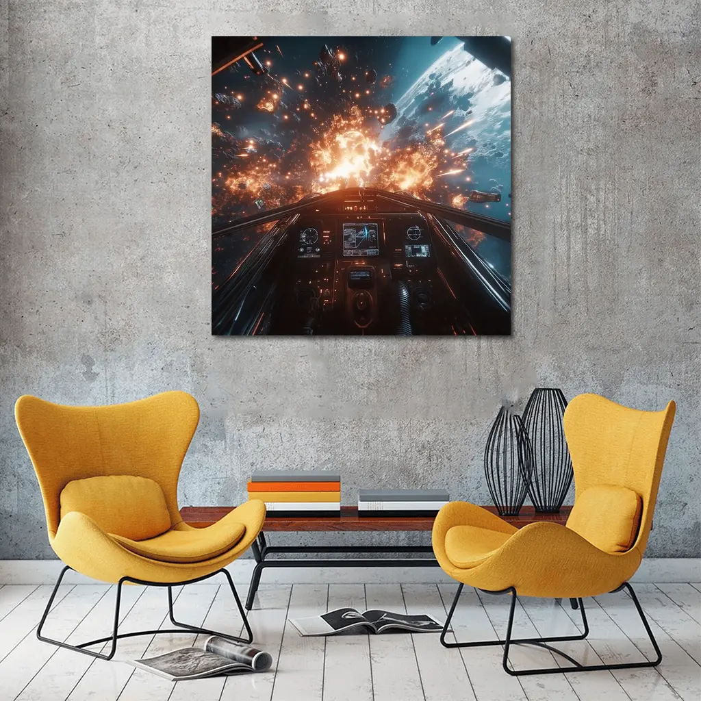 Space Fighter Cockpit Explosion Battle Scene – Wall Art