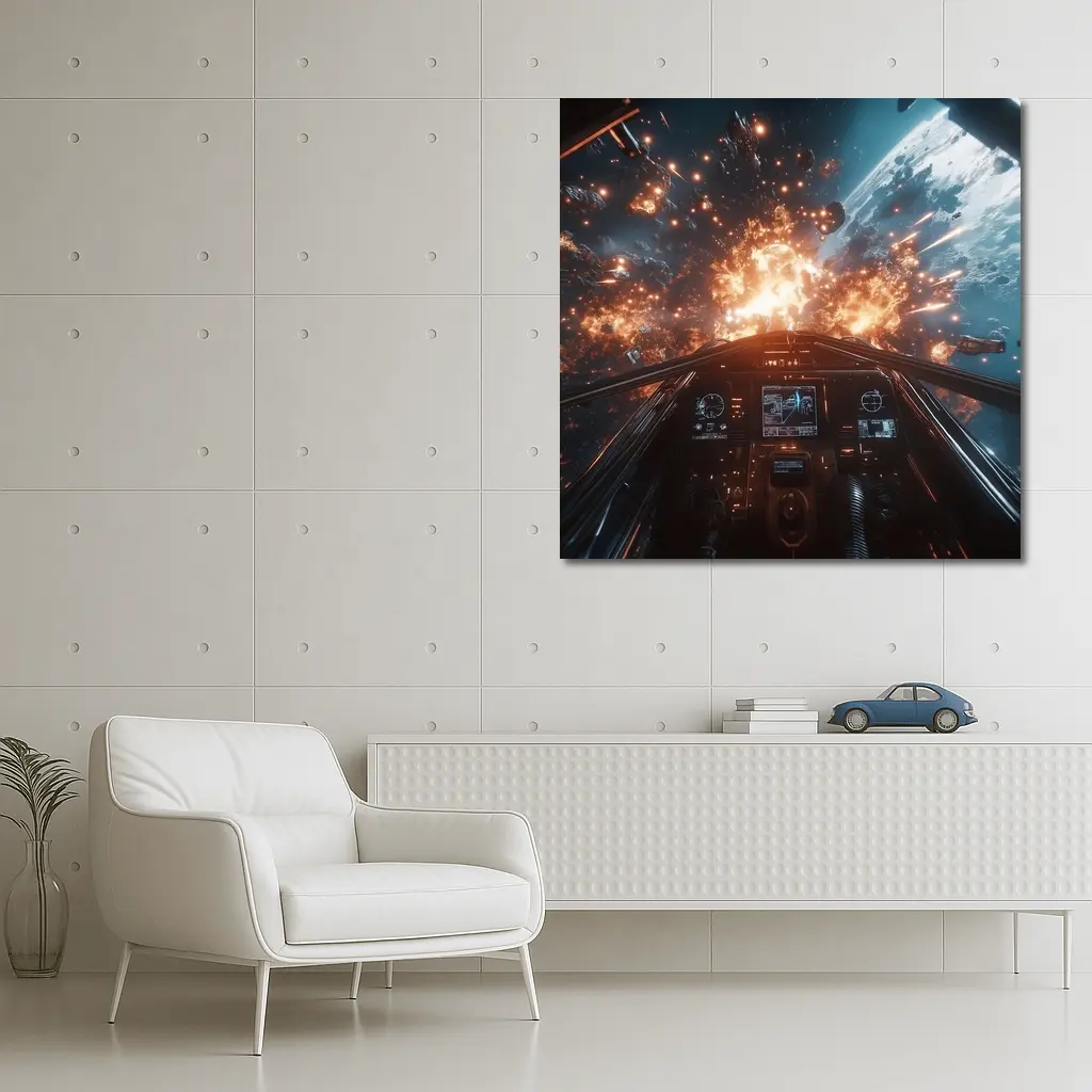 Space Fighter Cockpit Explosion Battle Scene – Wall Art