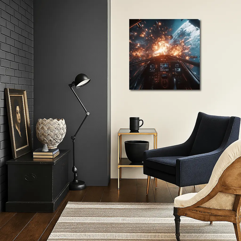 Space Fighter Cockpit Explosion Battle Scene – Wall Art