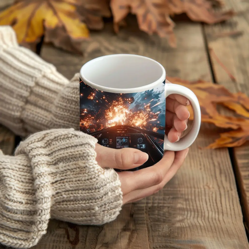 Space Fighter Cockpit Explosion Battle Scene – Mugs