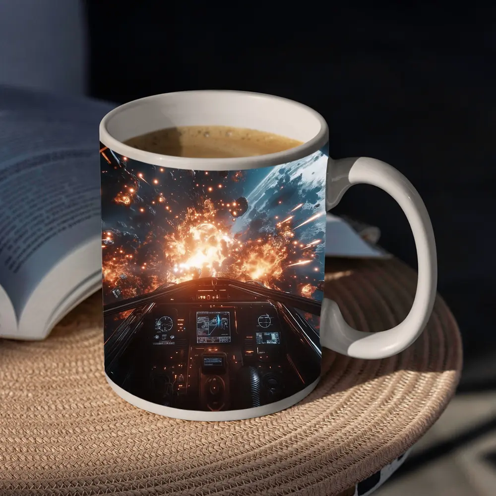 Space Fighter Cockpit Explosion Battle Scene – Mugs