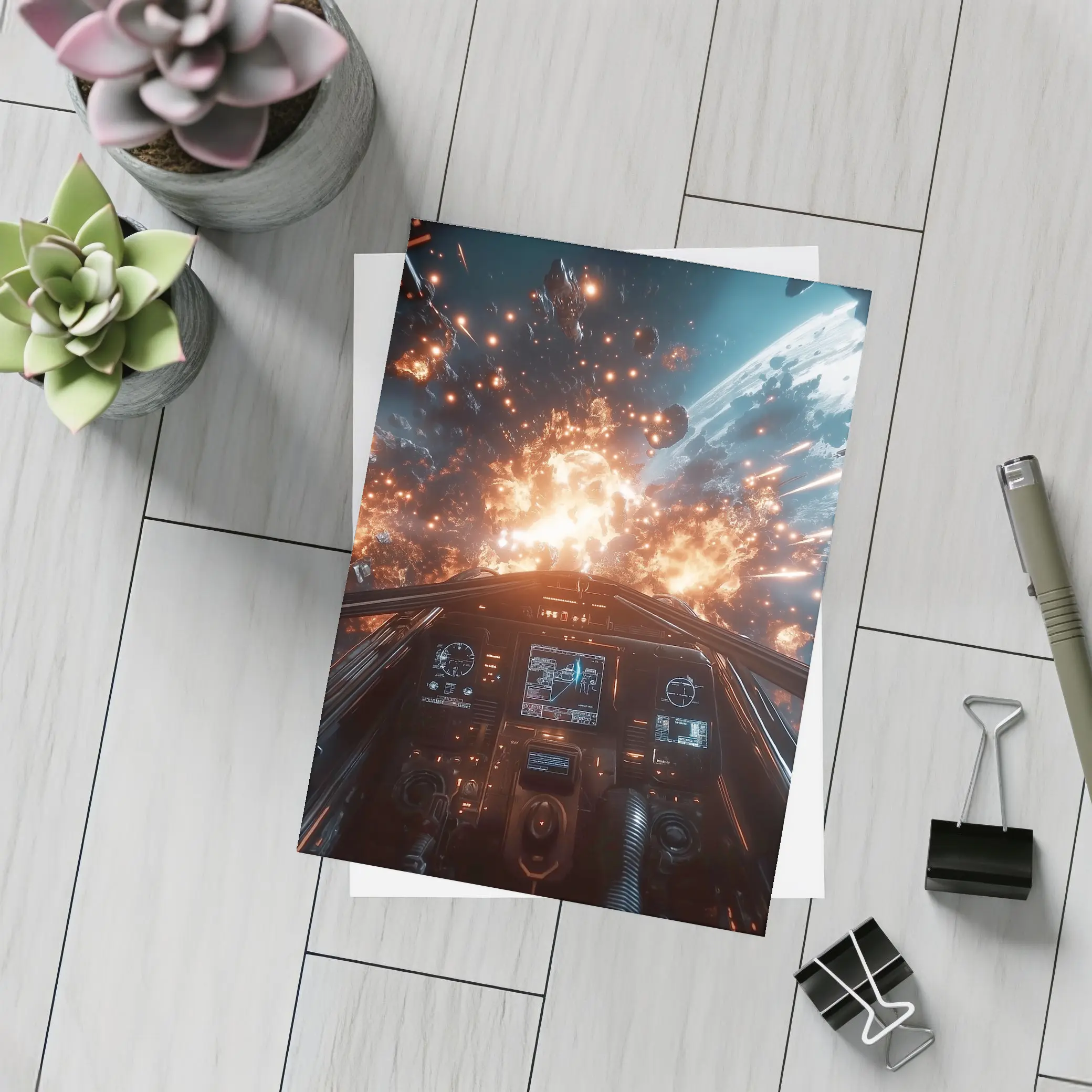 Space Fighter Cockpit Explosion Battle Scene – Postcards
