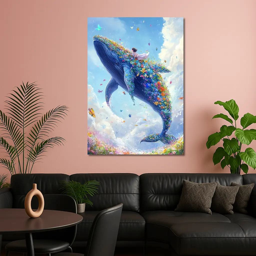 Fantasy Whale Covered In Flowers Sky – Wall Art