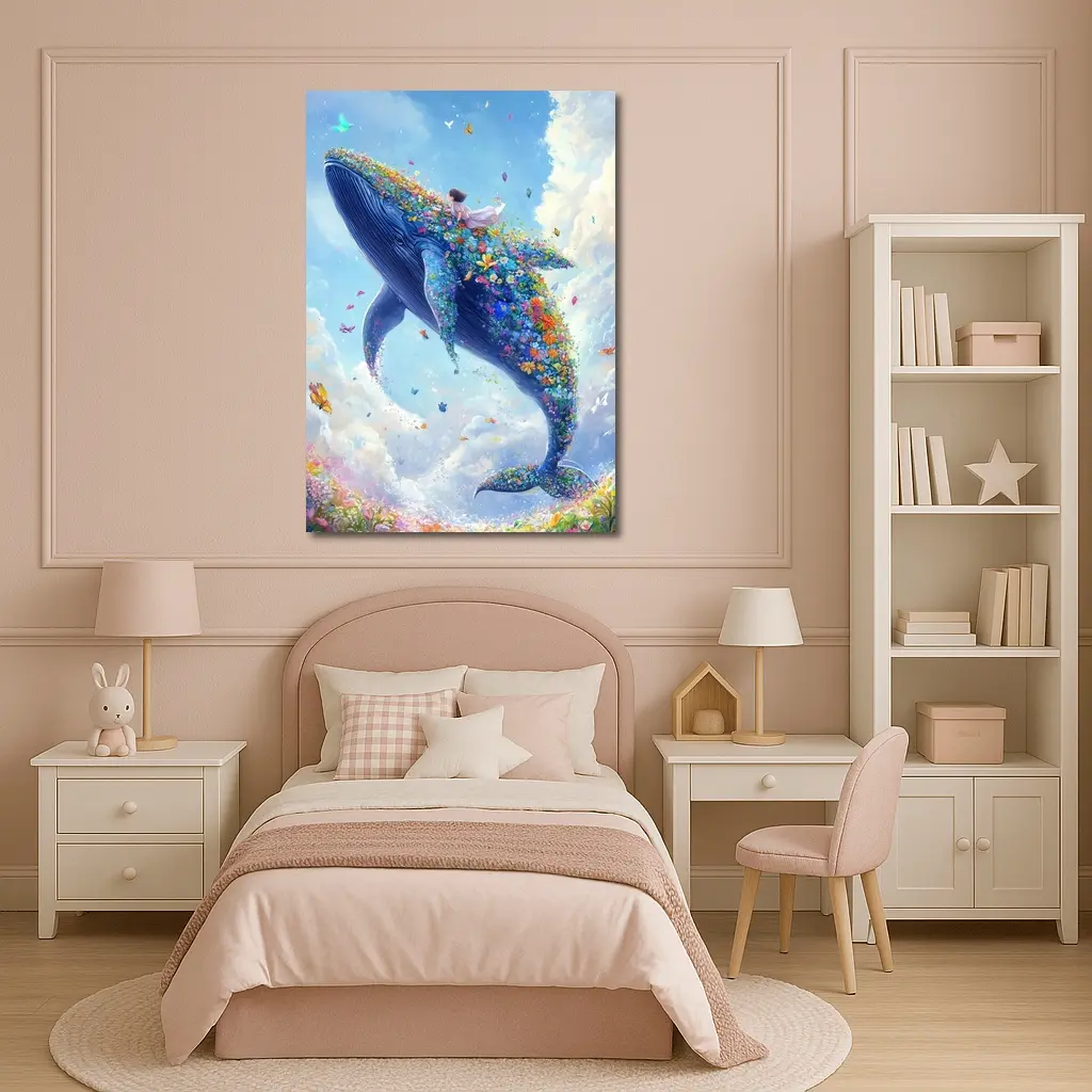 Fantasy Whale Covered In Flowers Sky – Wall Art