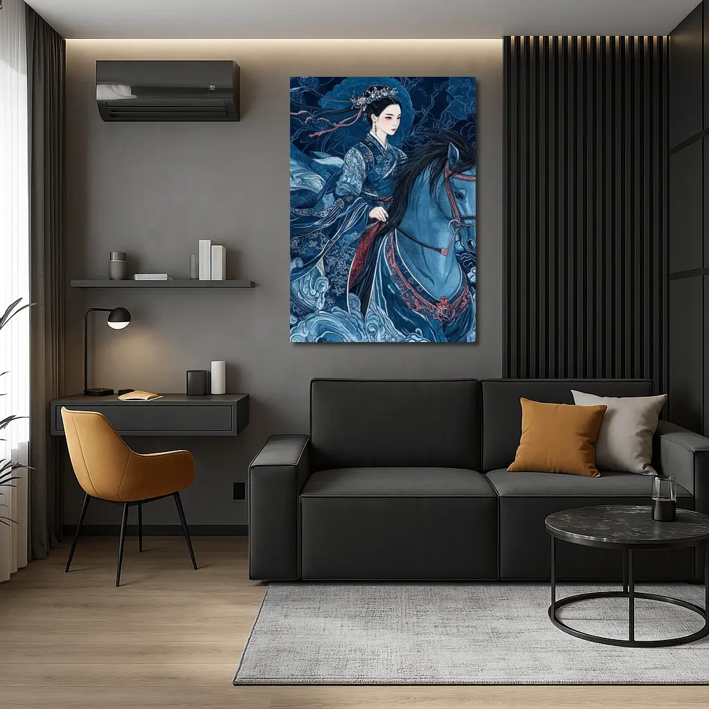 Chinese Woman Riding Blue Horse Dark Fantasy – Wall Art