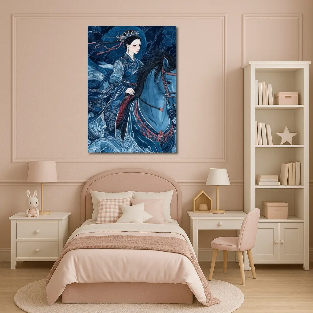 Chinese Woman Riding Blue Horse Dark Fantasy – Wall Art