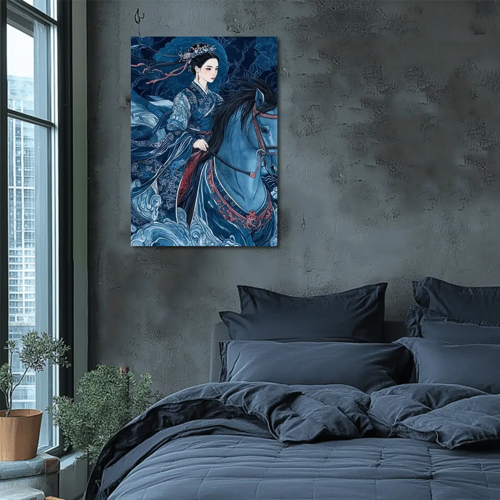 Chinese Woman Riding Blue Horse Dark Fantasy – Wall Art