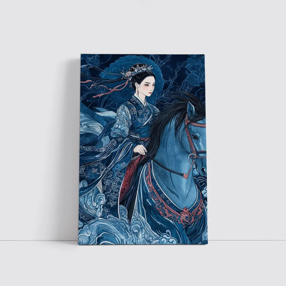 Chinese Woman Riding Blue Horse Dark Fantasy – Wall Art