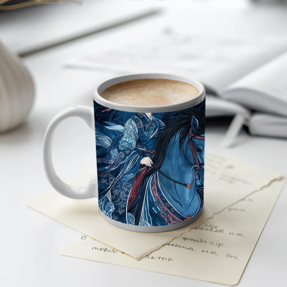 Chinese Woman Riding Blue Horse Dark Fantasy – Mugs
