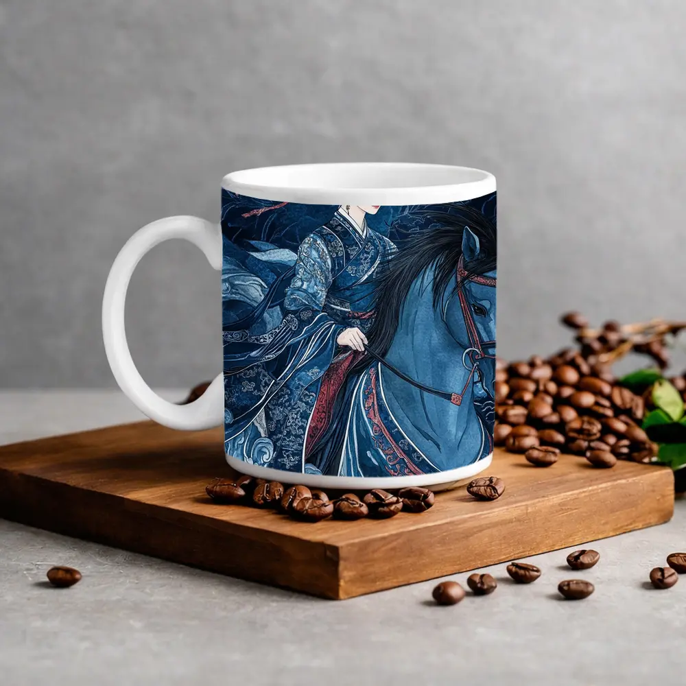 Chinese Woman Riding Blue Horse Dark Fantasy – Mugs