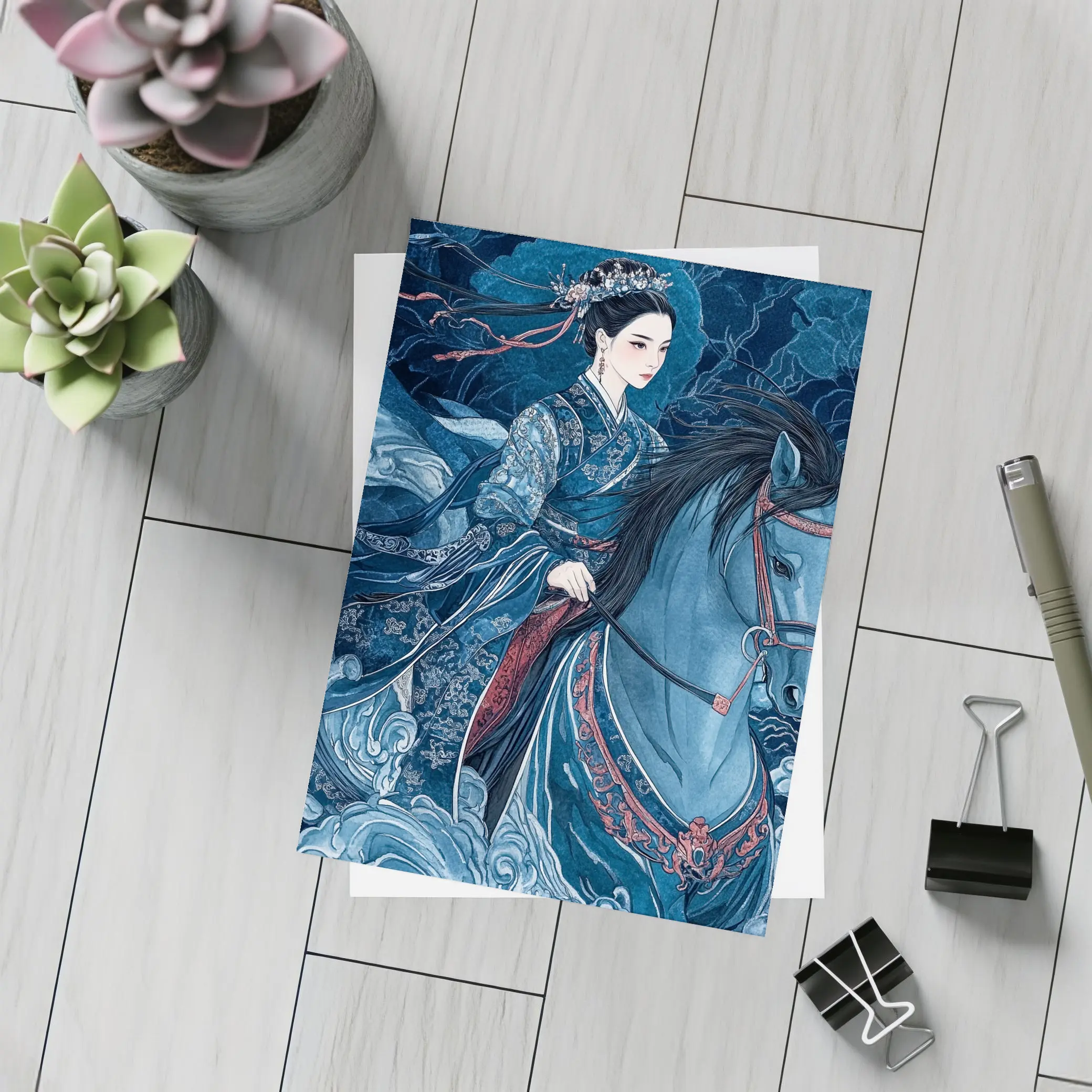 Chinese Woman Riding Blue Horse Dark Fantasy – Postcards