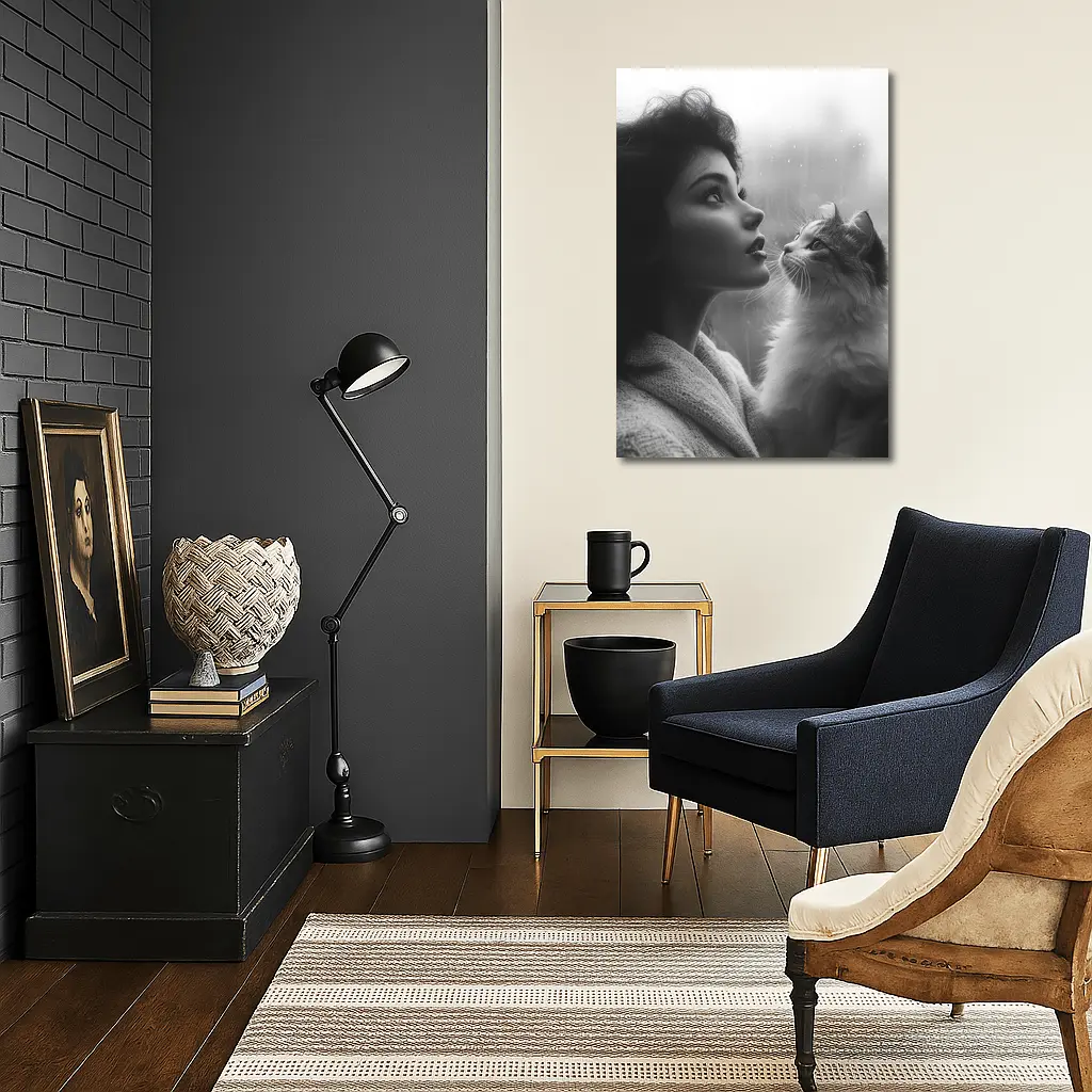 Woman and Cat by Rainy Window – Wall Art