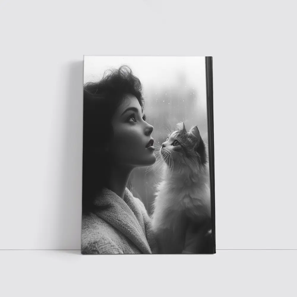 Woman and Cat by Rainy Window – Wall Art
