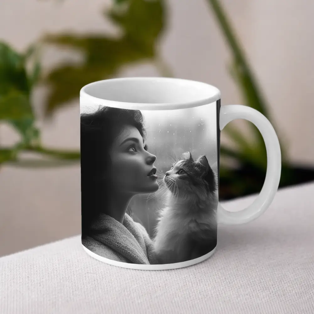 Woman and Cat by Rainy Window – Mugs