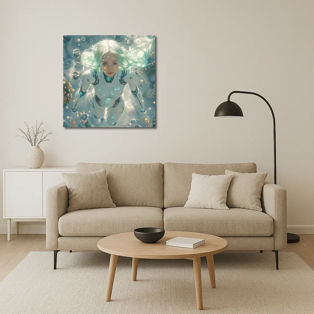 Cyberpunk Android Woman Floating Above Flowers – Wall Art