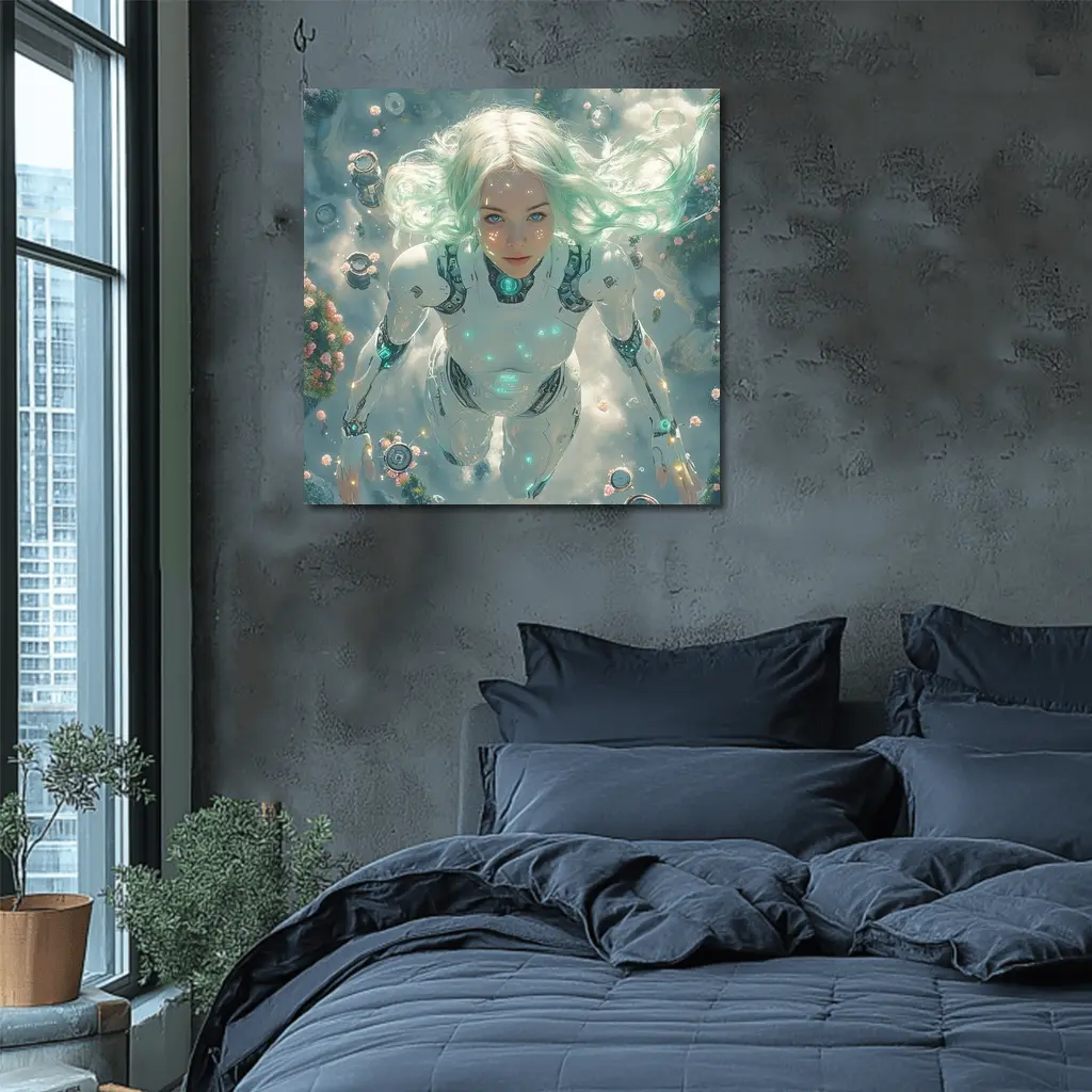 Cyberpunk Android Woman Floating Above Flowers – Wall Art