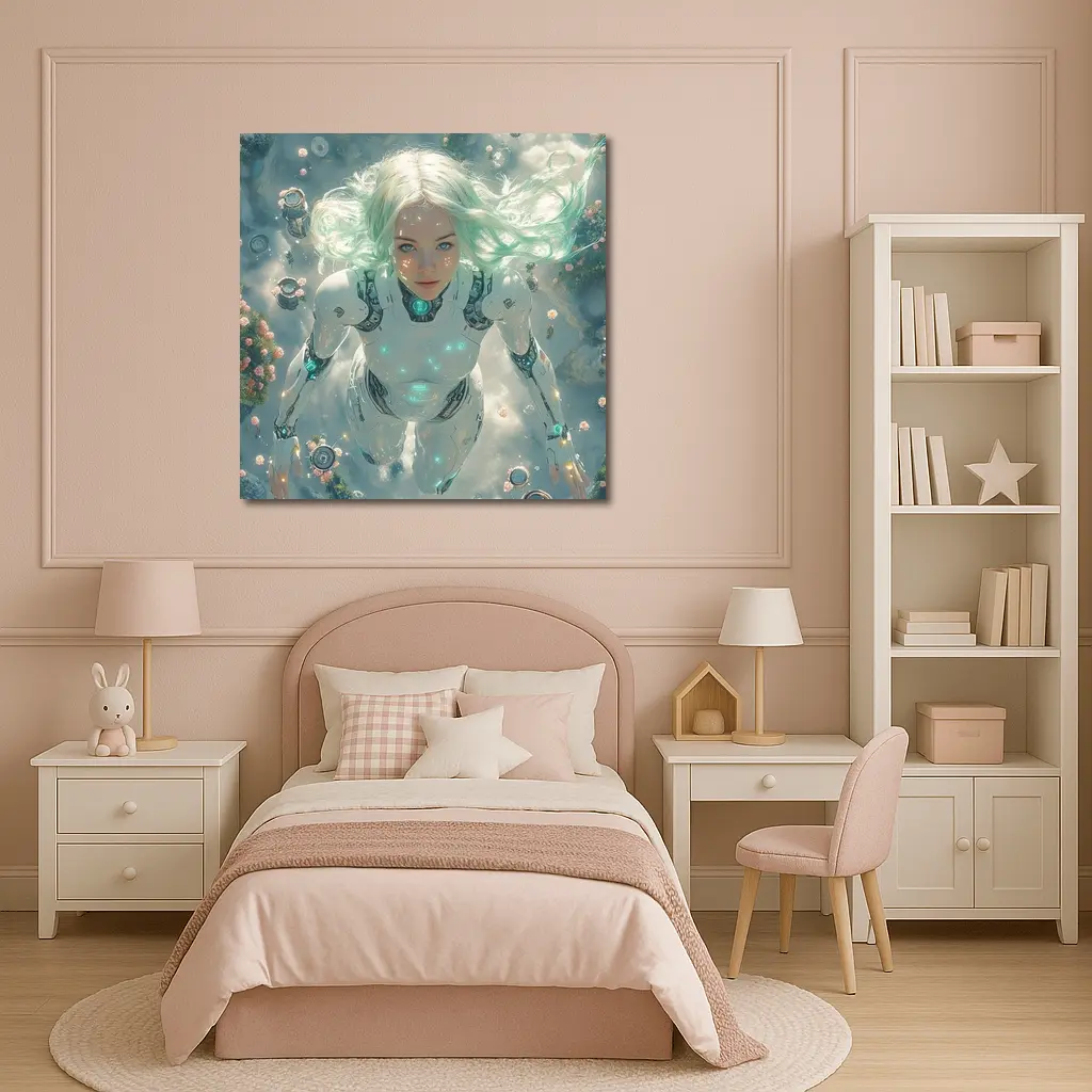 Cyberpunk Android Woman Floating Above Flowers – Wall Art