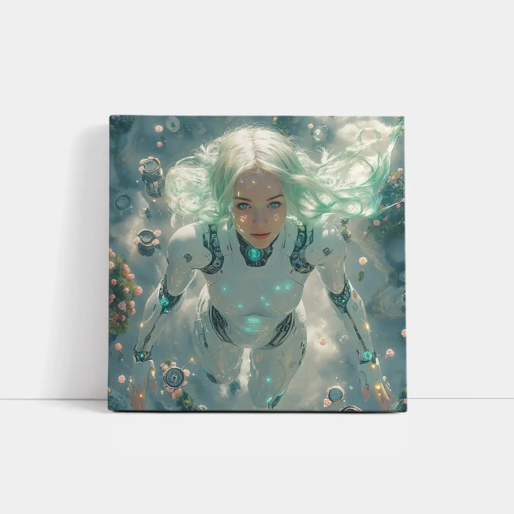 Cyberpunk Android Woman Floating Above Flowers – Wall Art