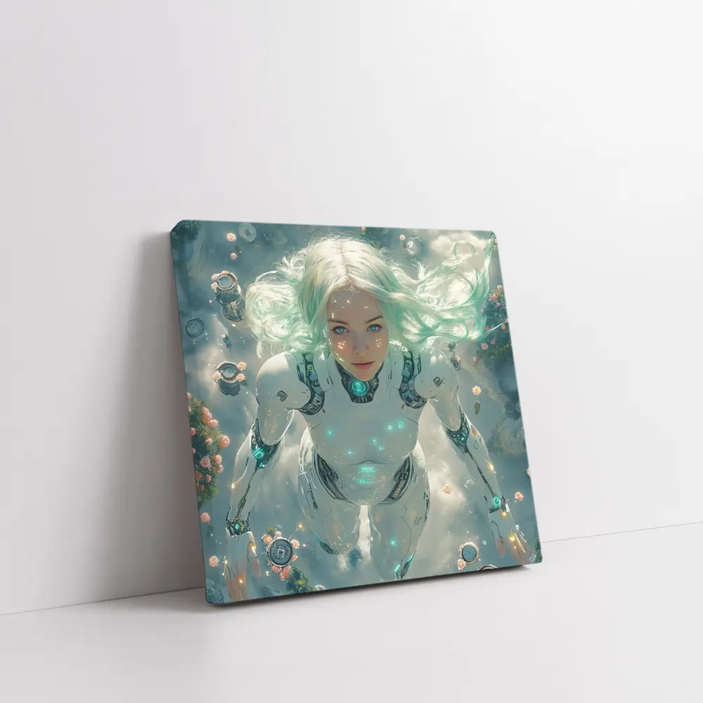 Cyberpunk Android Woman Floating Above Flowers – Wall Art