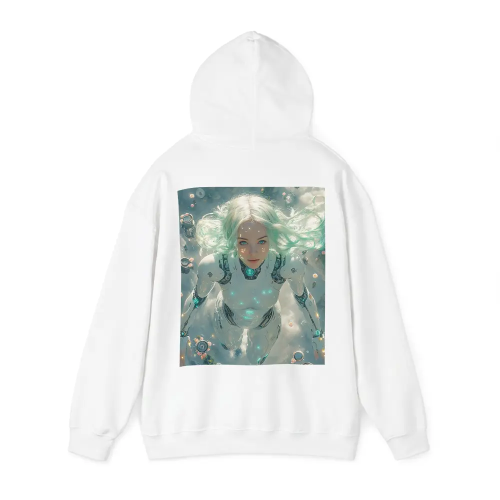 Cyberpunk Android Woman Floating Above Flowers – Hoodies