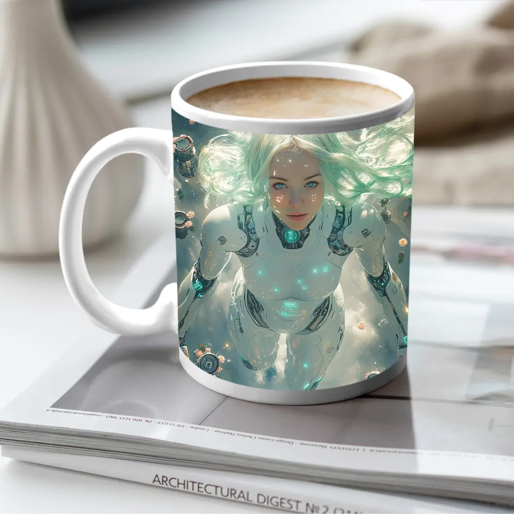 Cyberpunk Android Woman Floating Above Flowers – Mugs