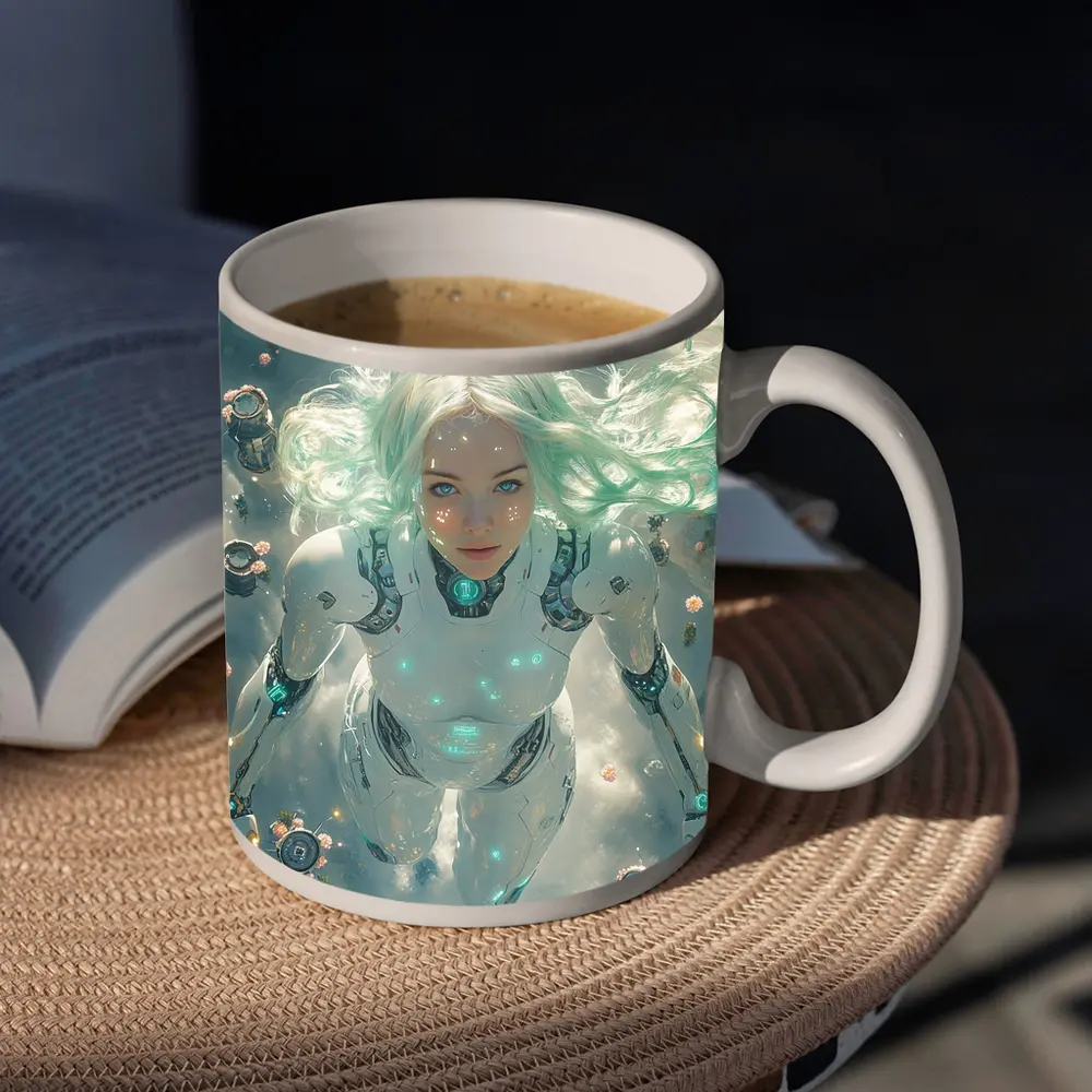 Cyberpunk Android Woman Floating Above Flowers – Mugs