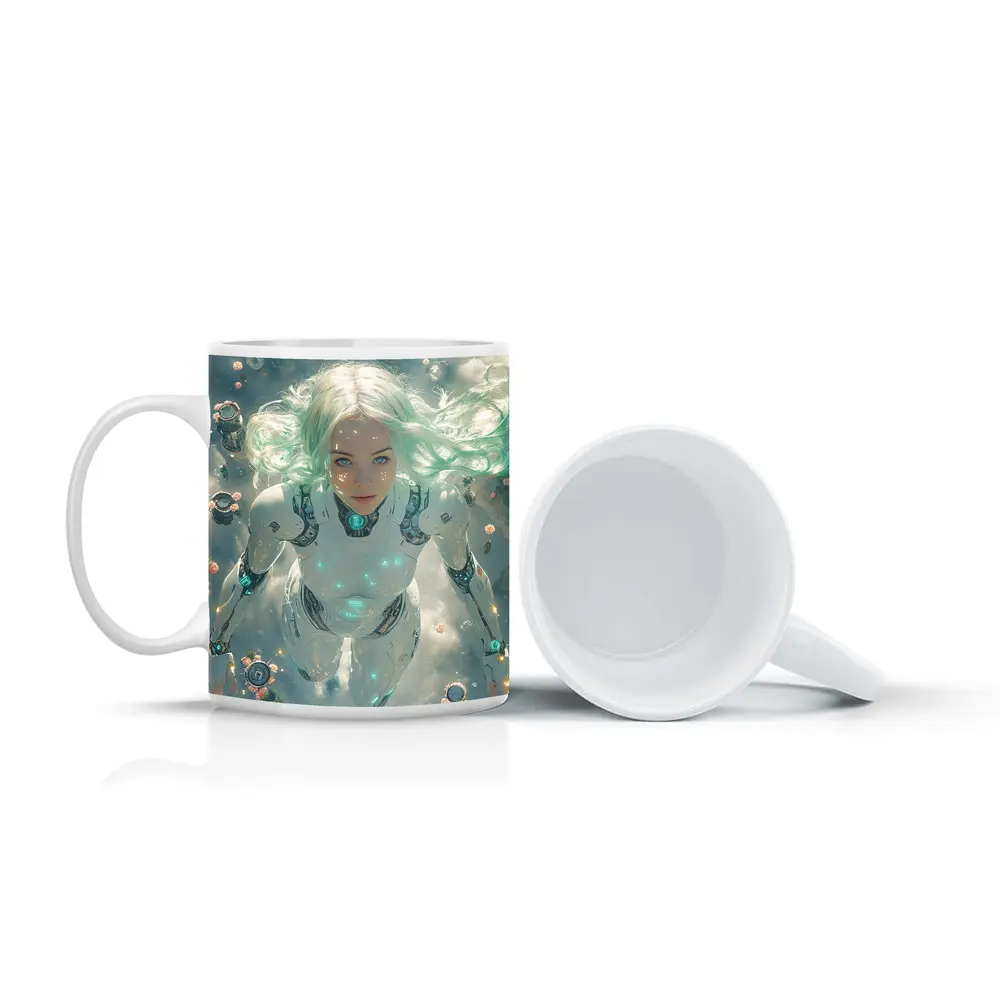Cyberpunk Android Woman Floating Above Flowers – Mugs