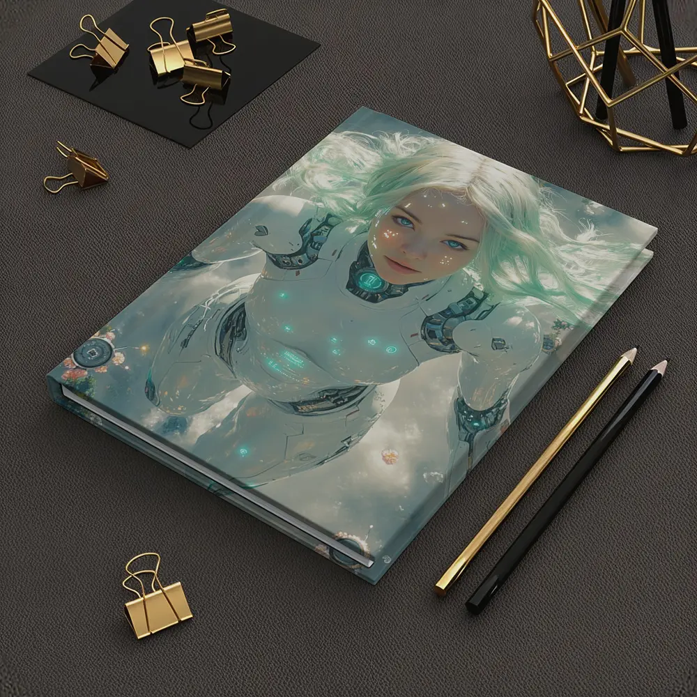 Cyberpunk Android Woman Floating Above Flowers – Notebooks
