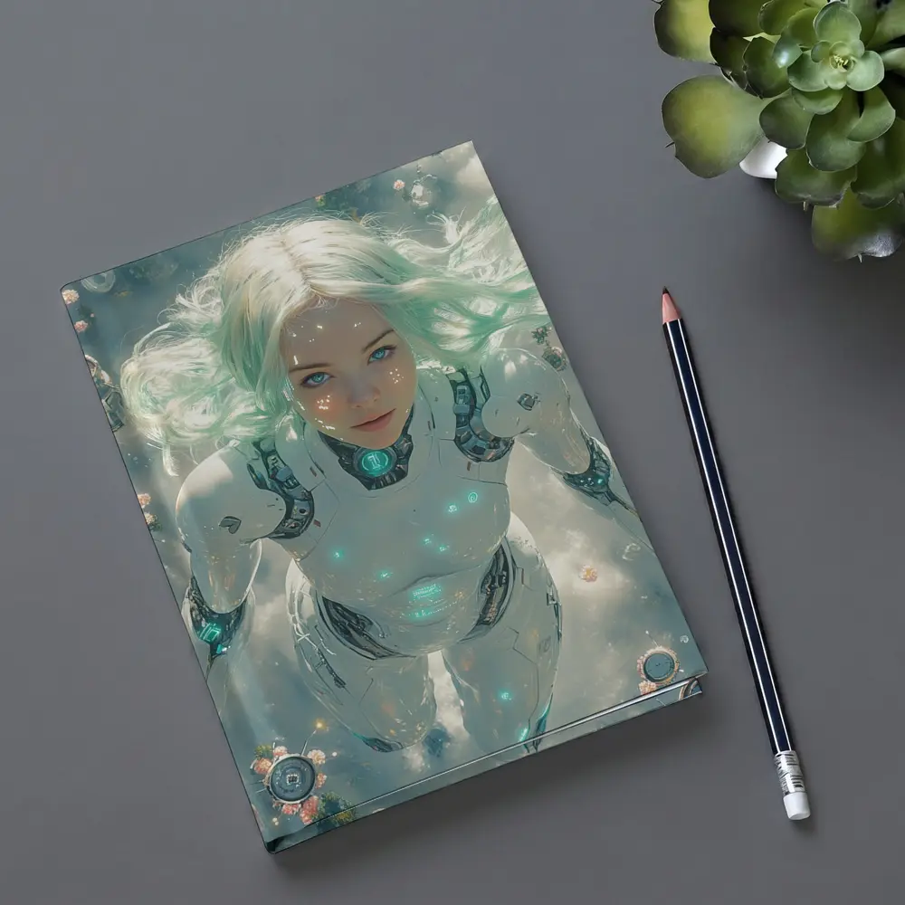 Cyberpunk Android Woman Floating Above Flowers – Notebooks