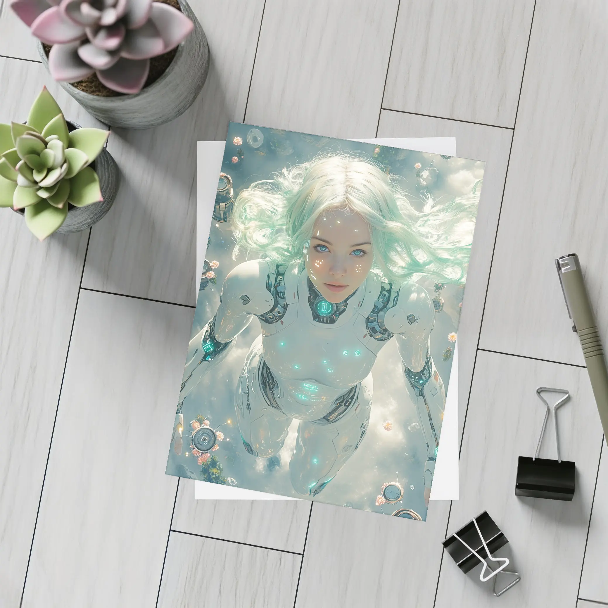 Cyberpunk Android Woman Floating Above Flowers – Postcards
