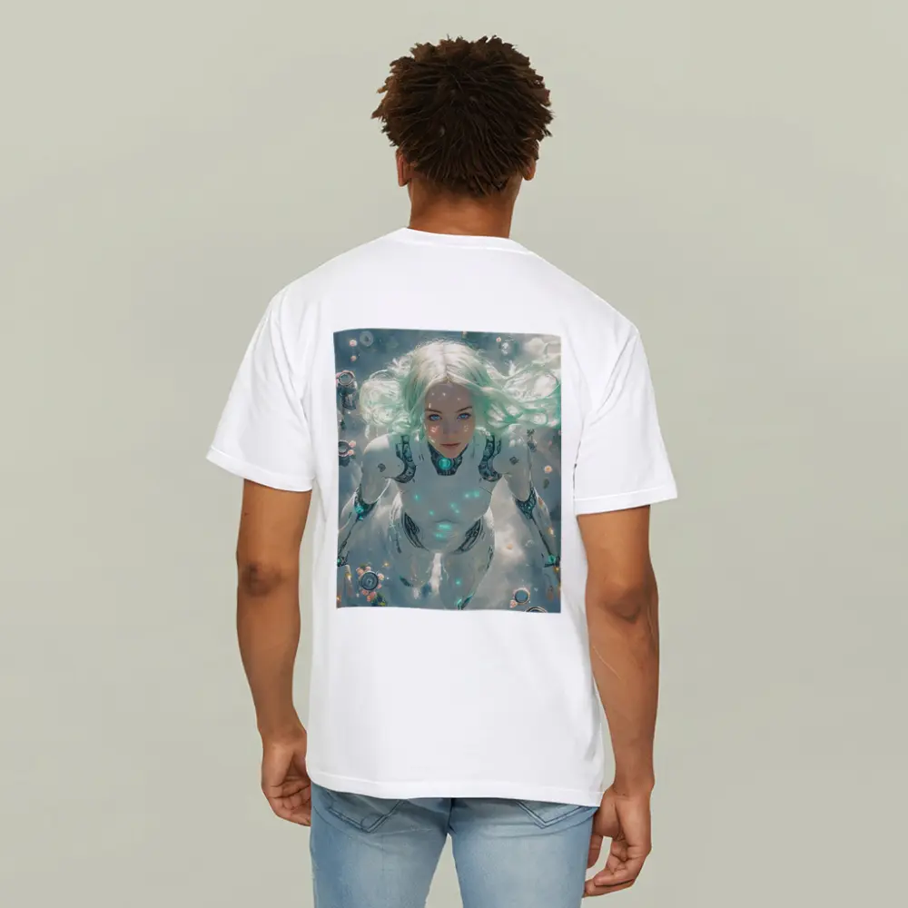 Cyberpunk Android Woman Floating Above Flowers – T-Shirts