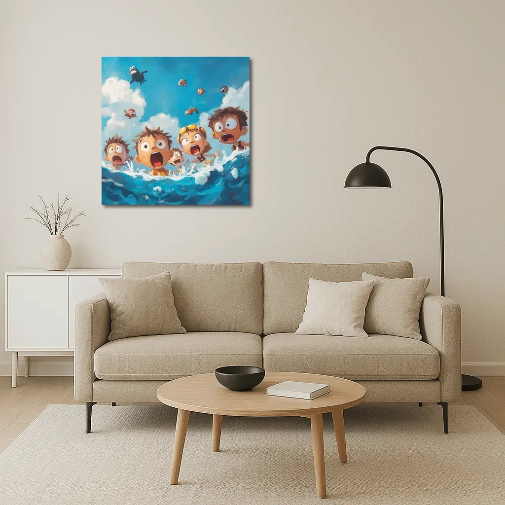 Cartoon Kids Shocked in Ocean Waves – Wall Art