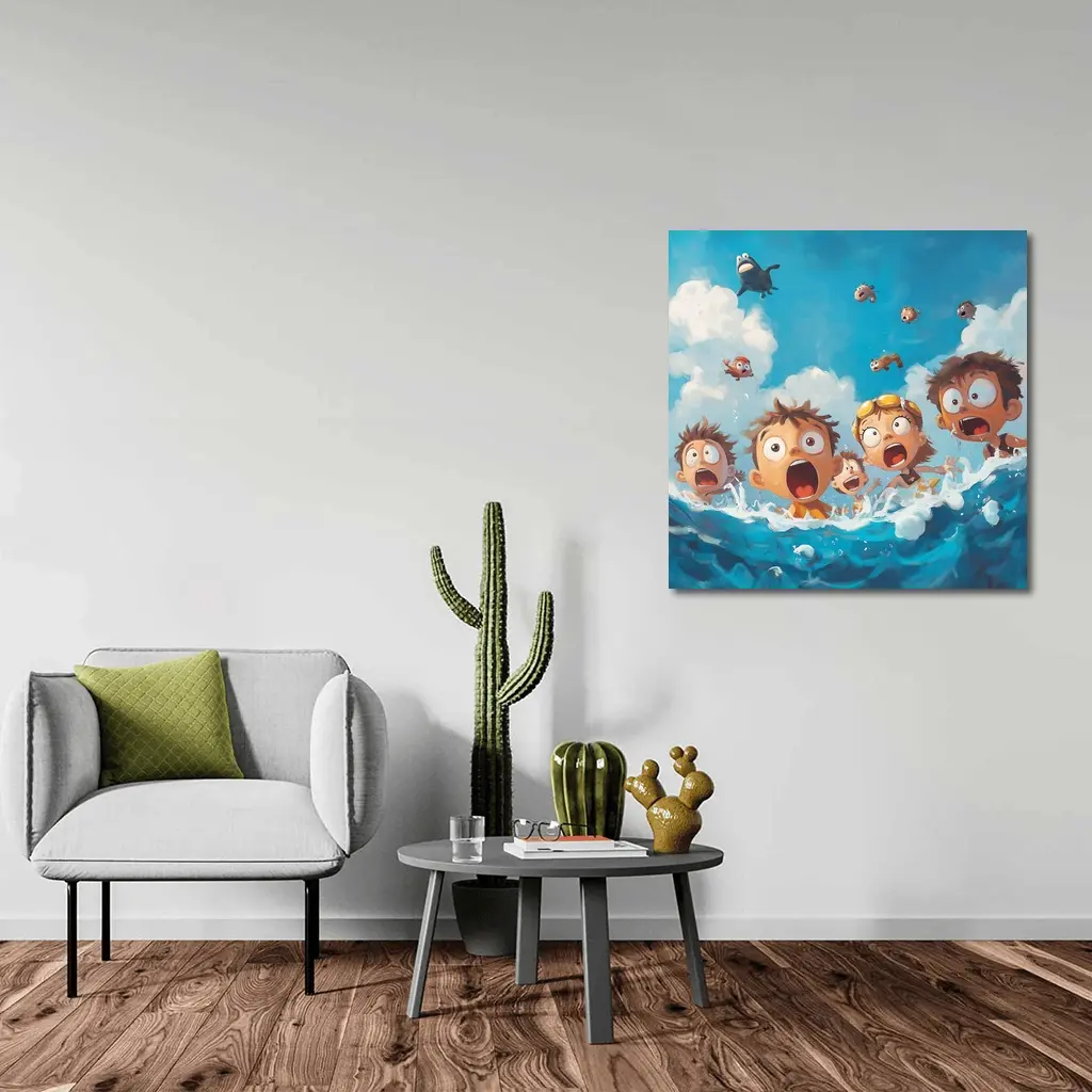 Cartoon Kids Shocked in Ocean Waves – Wall Art