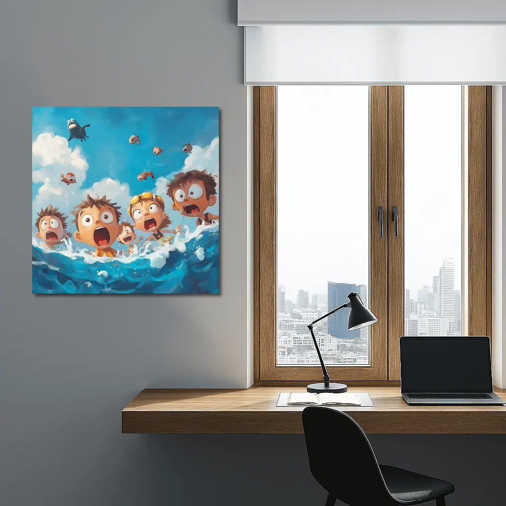Cartoon Kids Shocked in Ocean Waves – Wall Art