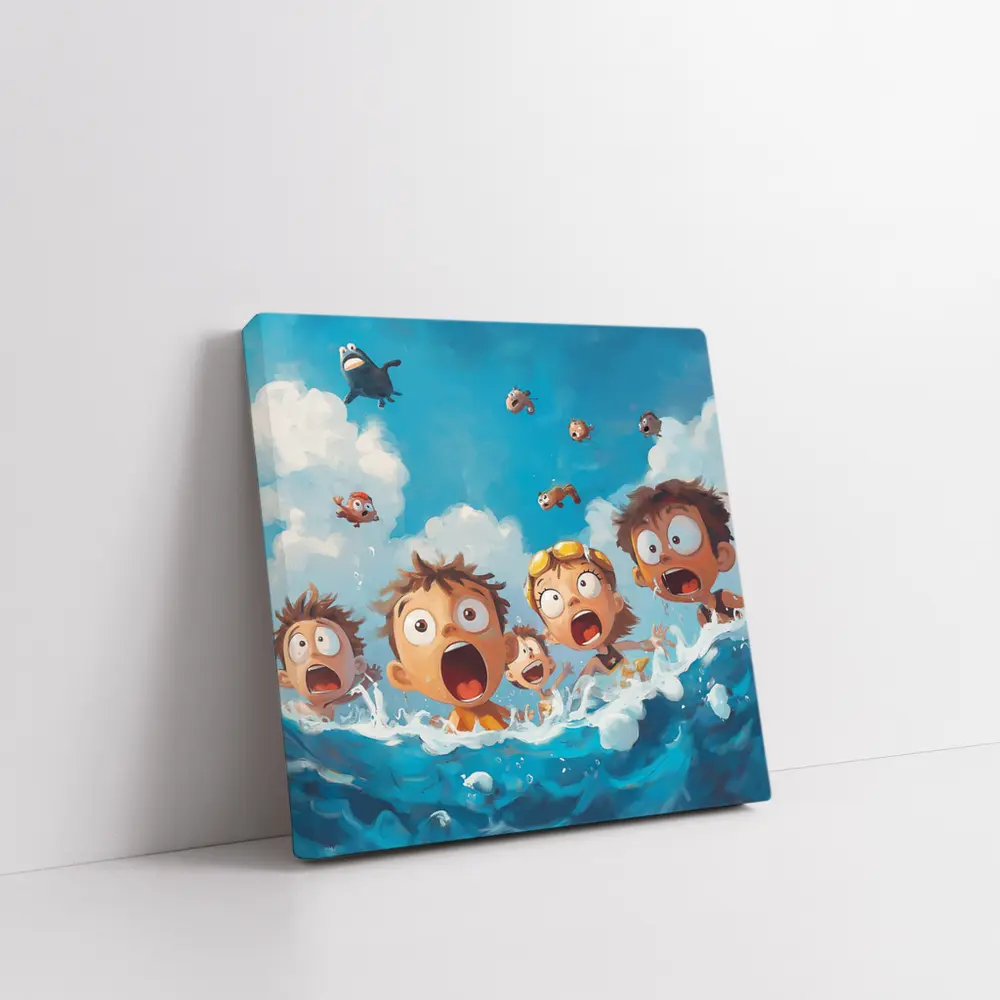 Cartoon Kids Shocked in Ocean Waves – Wall Art