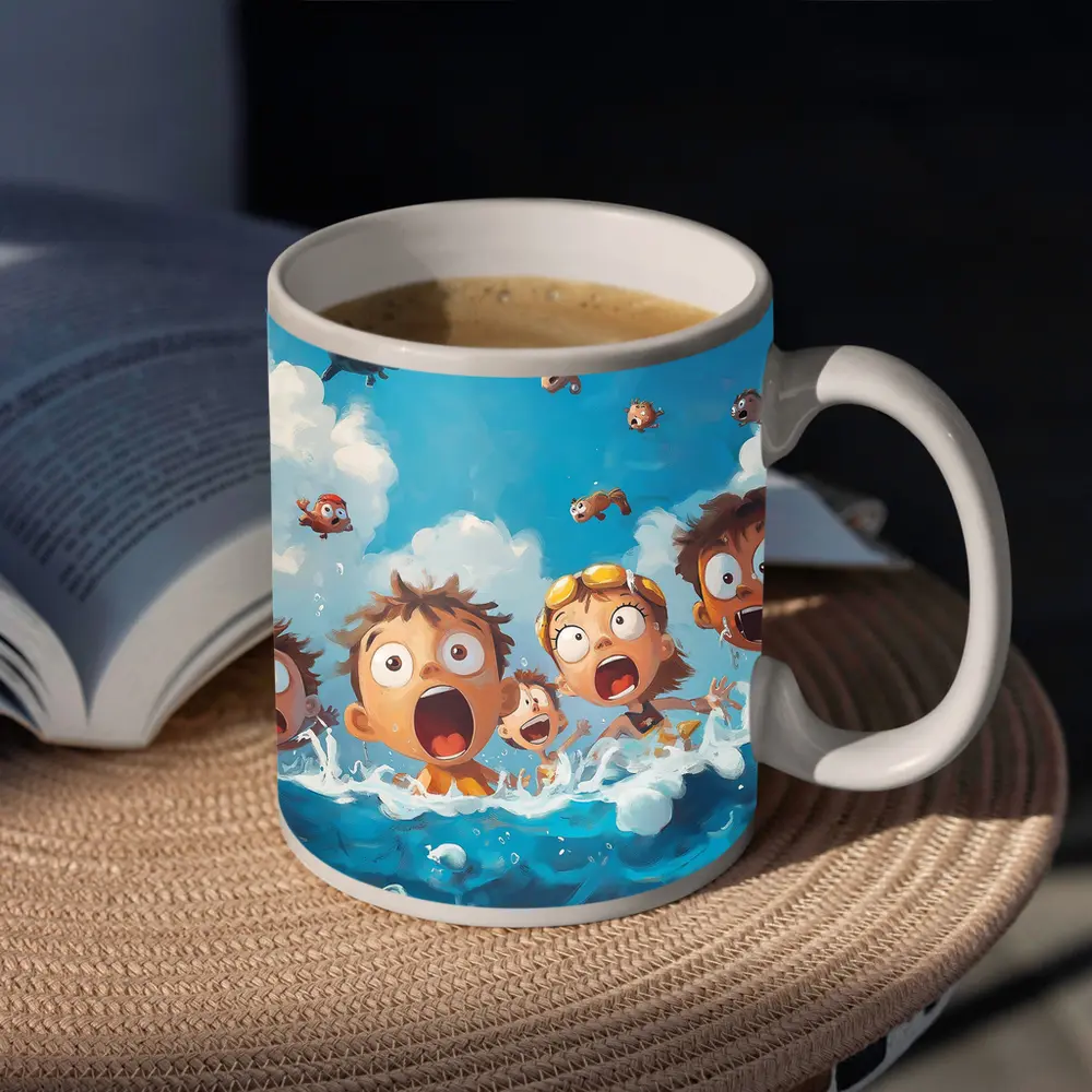 Cartoon Kids Shocked in Ocean Waves – Mugs