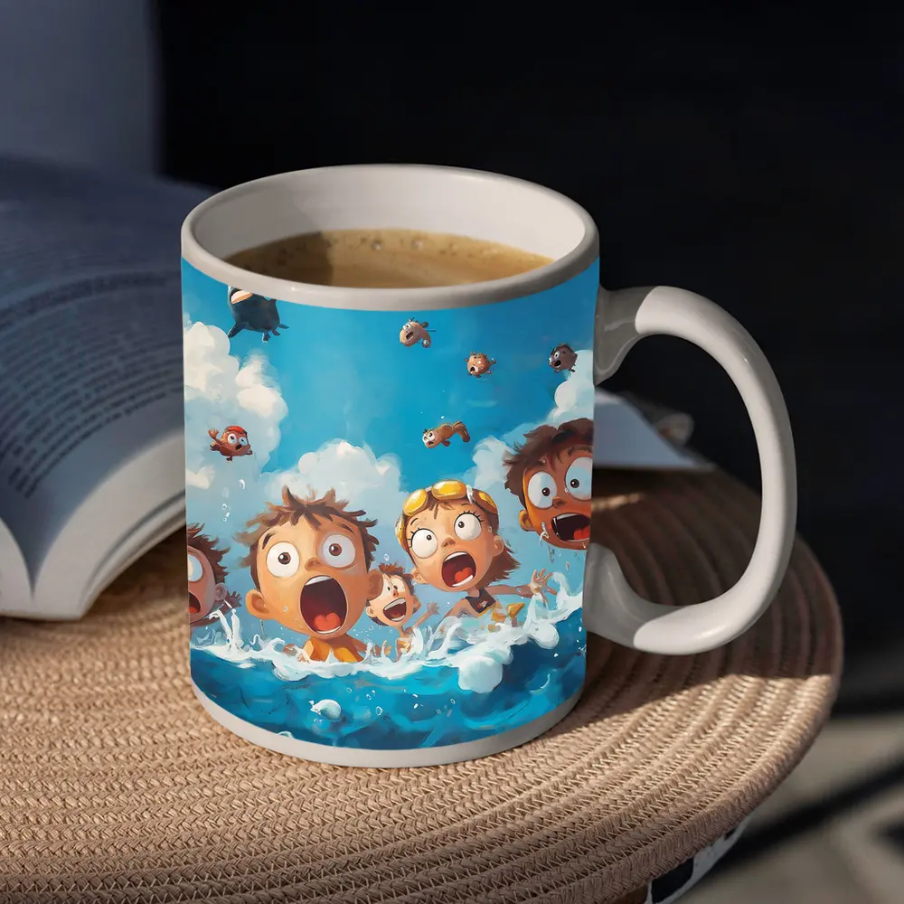 Cartoon Kids Shocked in Ocean Waves – Mugs