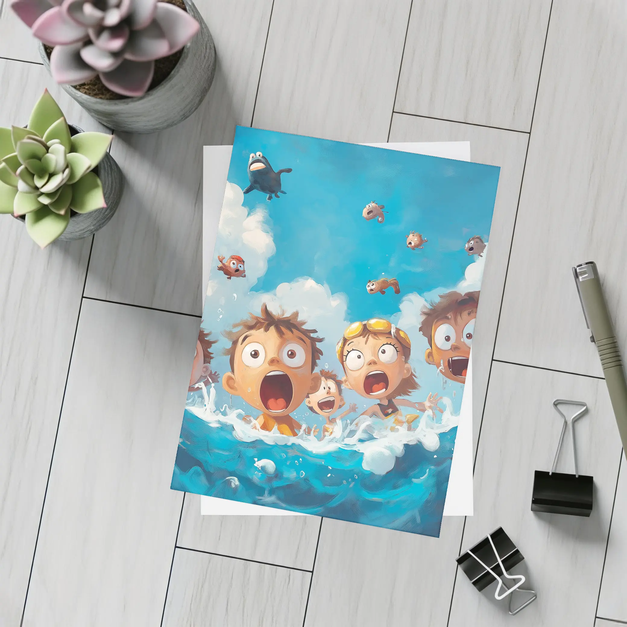 Cartoon Kids Shocked in Ocean Waves – Postcards