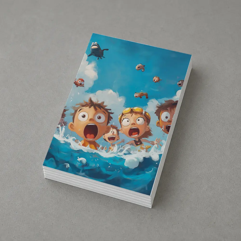 Cartoon Kids Shocked in Ocean Waves – Postcards